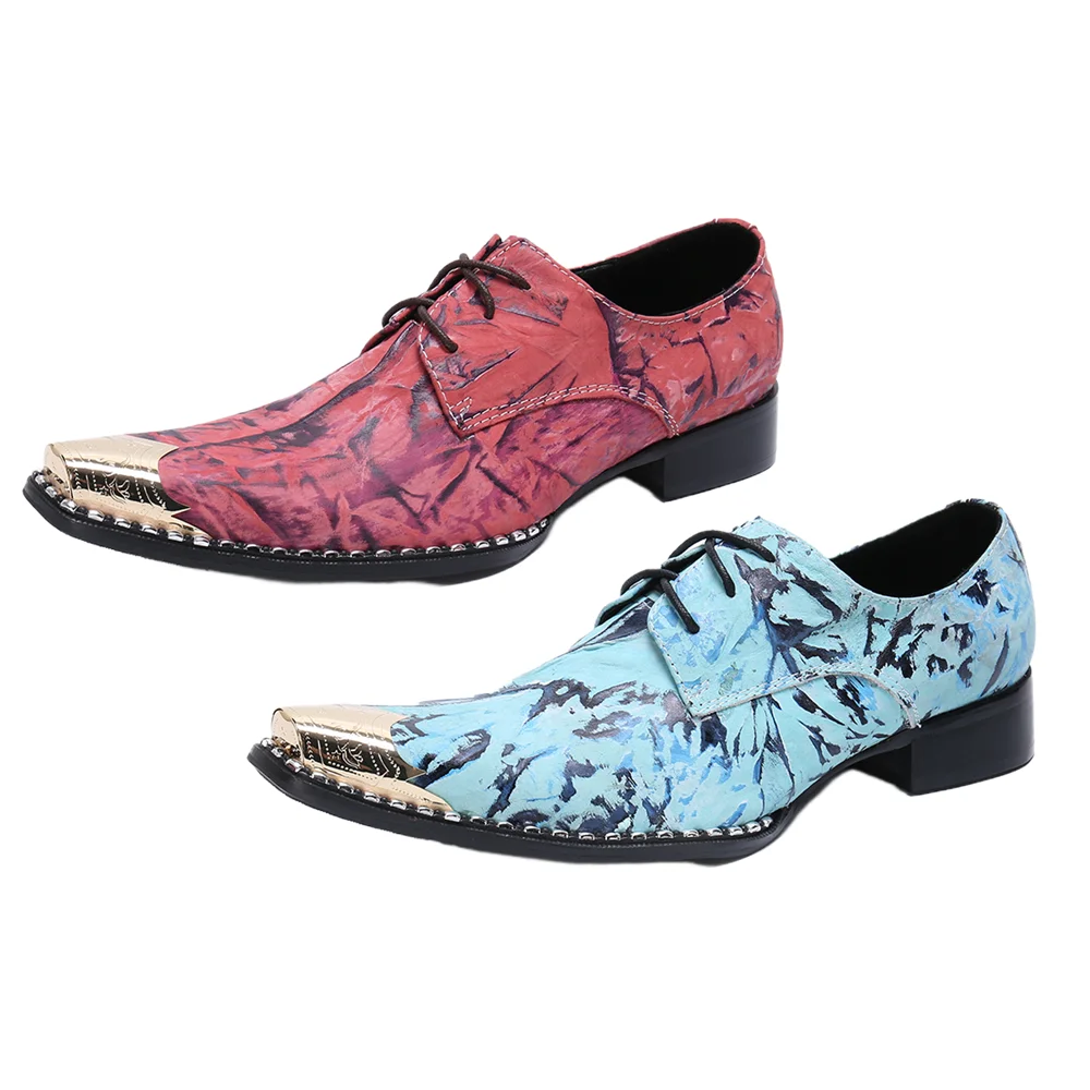 

Fashion Metal Pointed Toe Print Genuine Leather Brogue Shoes Man Lace Up Business Party Oxford Shoes Male Formal Derby Shoes