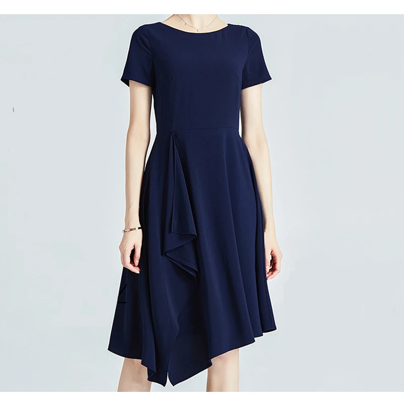 

Ruffled Short-sleeved Dress Women's 2022 Summer Dress New Elegant Large Swing Mid-length Dark Blue Lady Irregular Skirt