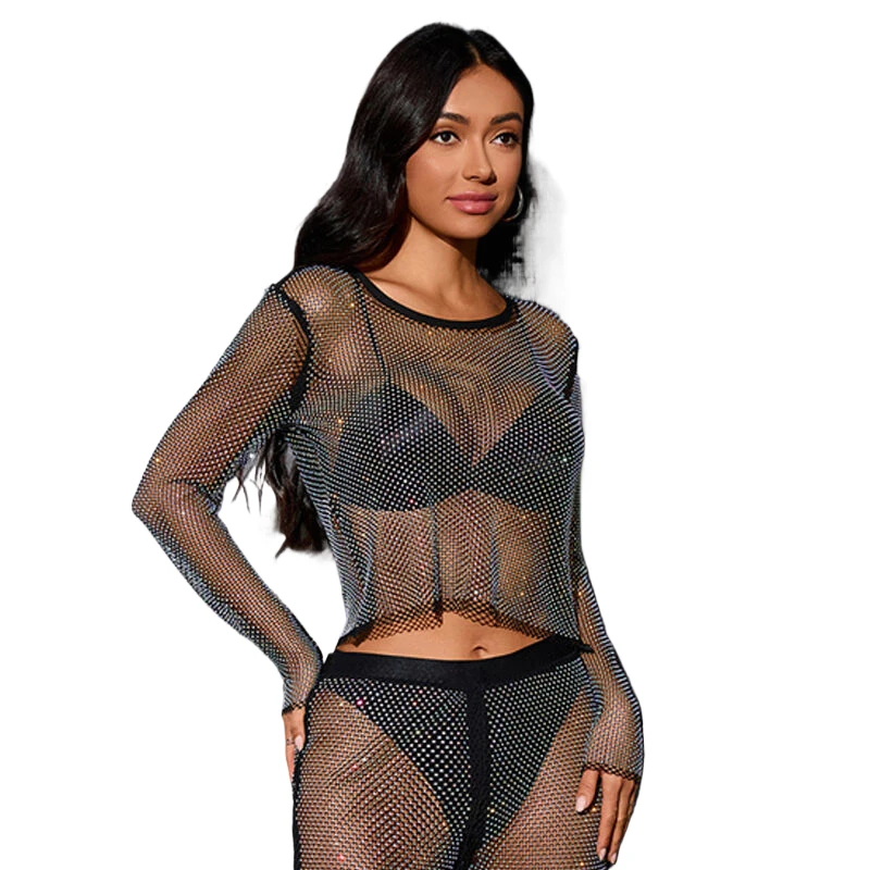 2026 Neuheiten Nachtclub-Party Damen T-Shirt Elegante Lässige Streetwear Kleidung Strand Hollow Cover-Up Bikini Funkelnd – Detail 3