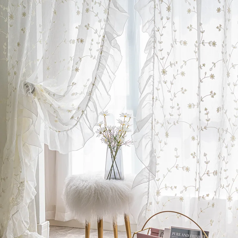 White Sheer Embroidered Flowers Tulle Curtains French Elegant Ruffle Design Linen Breathable Window Curtains for Living Rooms