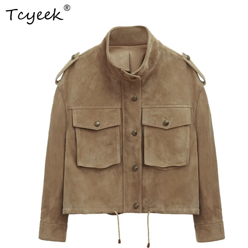 Tcyeek 本物の羊革 春秋 ハイエンド スタンドカラー スエード ショート丈 レディース 本革ジャケット 女性用レザージャケット