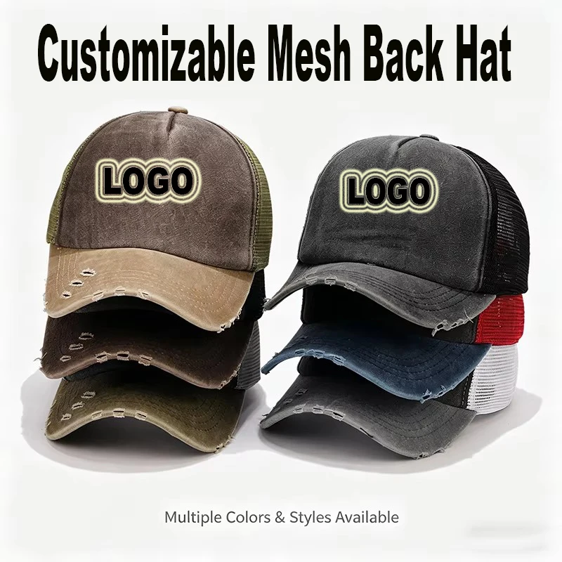 Vintage Mesh Trucker Cap Customizable Washed Distressed Baseball Hat with Personalized Logo Adjustable Streetwear Sun Cap