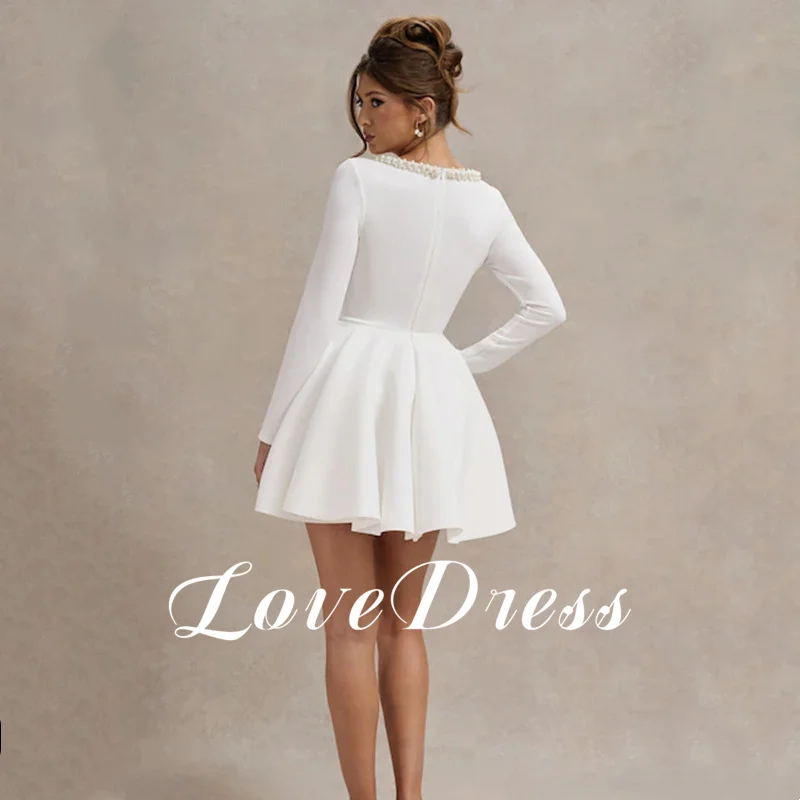 فستان زفاف بسيط مخصص على شكل حرف a وأكمام طويلة أنيق بياقة مربعة وطيات لؤلؤ وسحاب 2026 فستان زفاف قصير عاجي