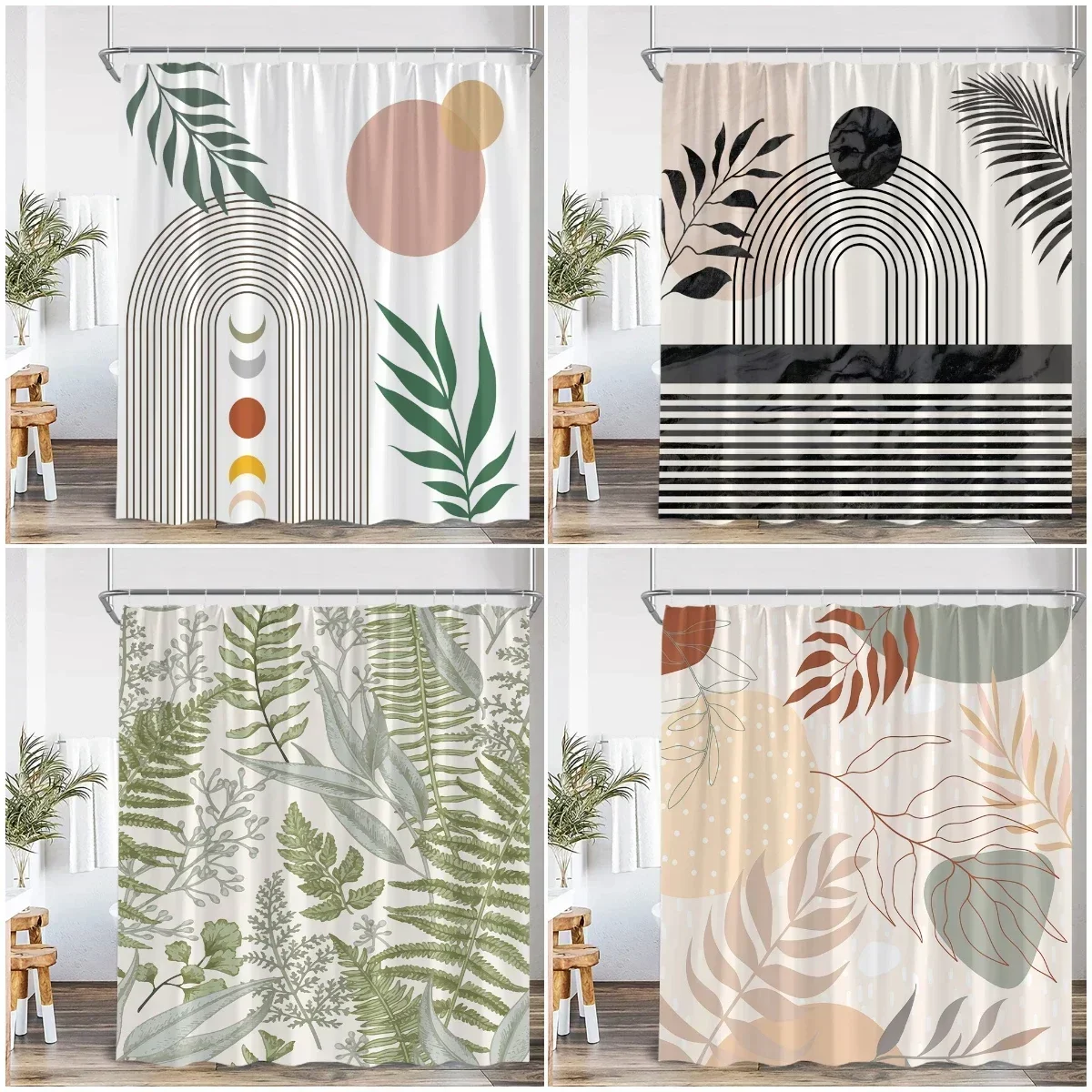 Minimalist Abstract Line Banana Leaf Shower Curtain Neutral Beige Dark Green Tropical Plant Line Art Waterproof Fabric Bathroom
