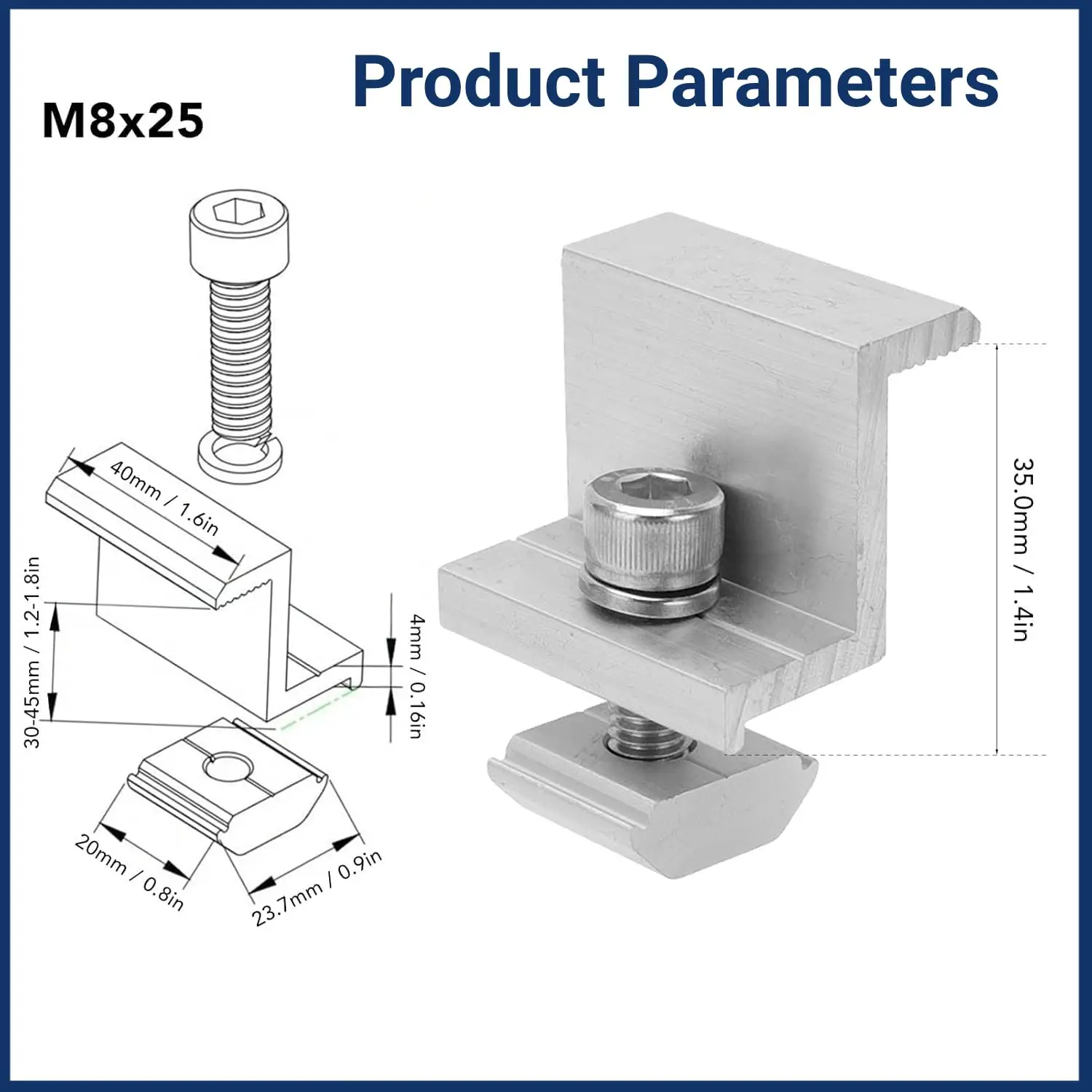 10 Pcs Solar Panel End Clamp Aluminum Mounting Bracket PV Module Rail Grounding Clip for Roof (35mm)