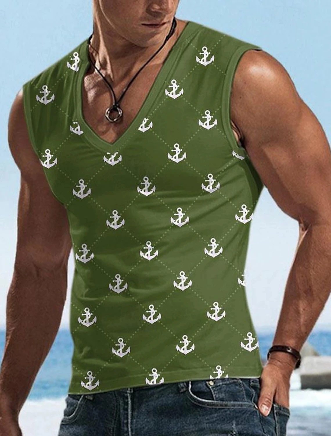 Sailor Suit Anchor Logo Printed V-Neck Men's Vest Outdoor Street Sleeveless Clothing Men's Sports Fitness Casual Oversized Vest