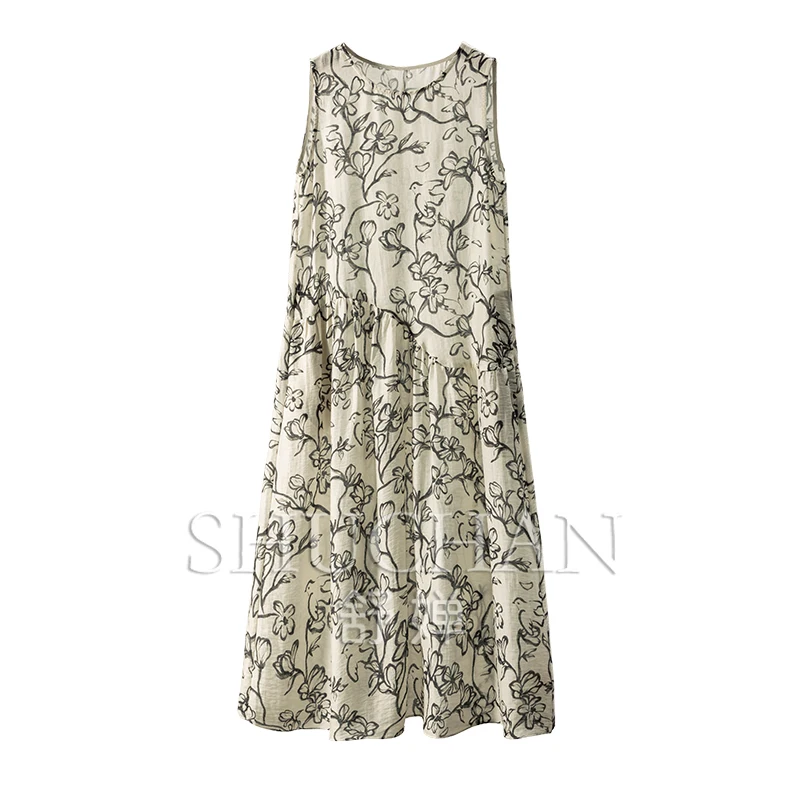 

New Elegant Art, Cabinet Ink Printing Tencel Linen Tank Dress Women 02E8 Maxi Dresses for Women Vestidos De Mujer