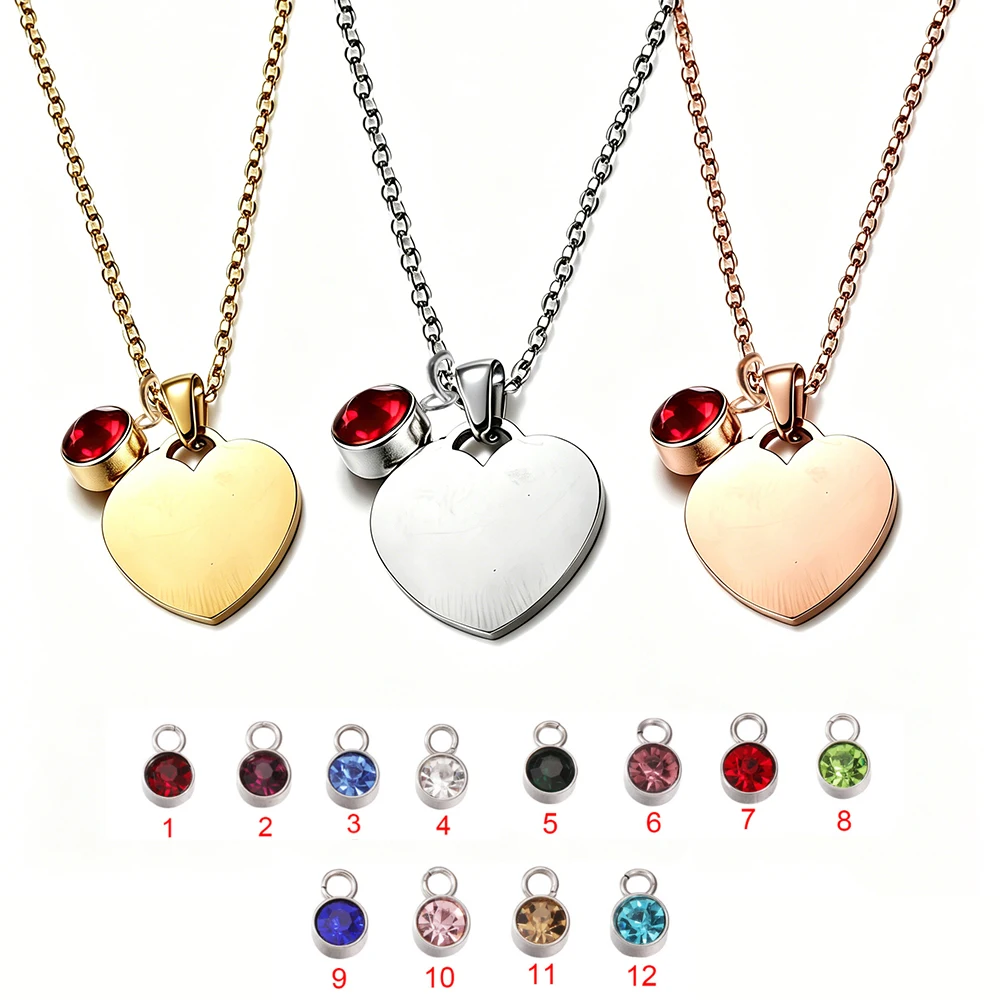 Fnixtar 12pcs Month Stainless Steel Heart Pendant With Birthtone Necklace Jewelry Lover Love Charms Birthday Gift