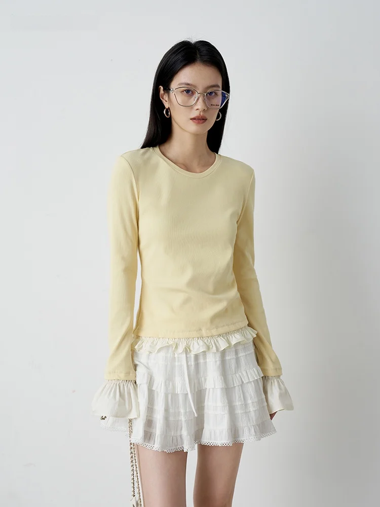 

Топ-футболка Moprobably Spring 2025 с цветной кружевной отделкой, из смесового хлопка, трикотажный, облегающий, для повседневной носки