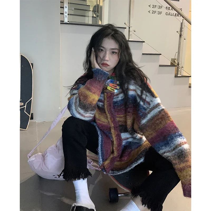 Vintage Striped Knitted Cardigan Women Streetwear Gradient Sweater Coat Harajuku Plus Size Knitwear Korean Patchwork Jumper Tops