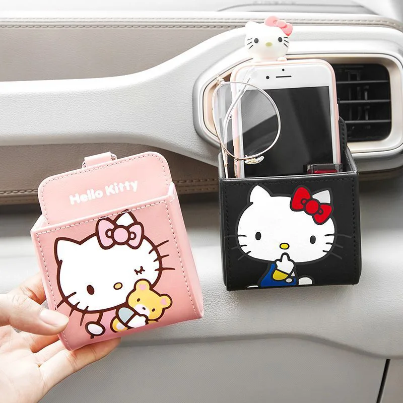 Hello Kitty Kuromi Cartoon Storage Box Cute Pink Car Air Outlet Suspension Type Phone Glasses Sundries Storage Bag Cinnamoroll