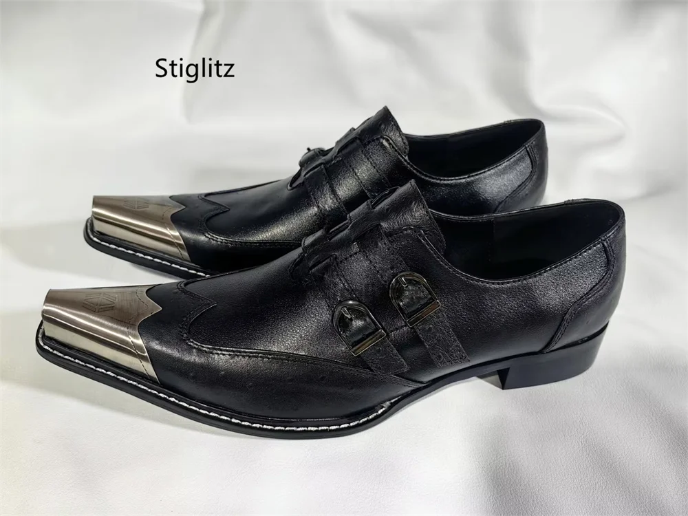 

Belt Buckle Black Cowhide Dress Shoes for Men Metal Pointed Toe Casual Business Shoes Trendy Genuine Leather Party Wedding Shoes