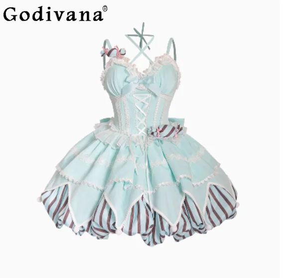 

Mint Green Lolita Summer New Sweet Lace-Up Lace Bow Suspender Dress Girls A-line High Waist Strip Flower Candy Princess Dresses