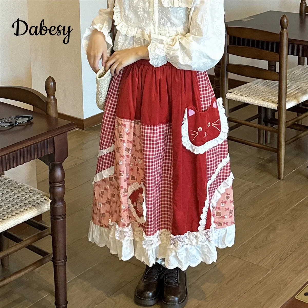 Vintage Plaid Patchwork Corduroy Lolita Skirt Women Autumn Japanese Mori Girl Lace Ruffled High Waist A-line Party Skirts Female