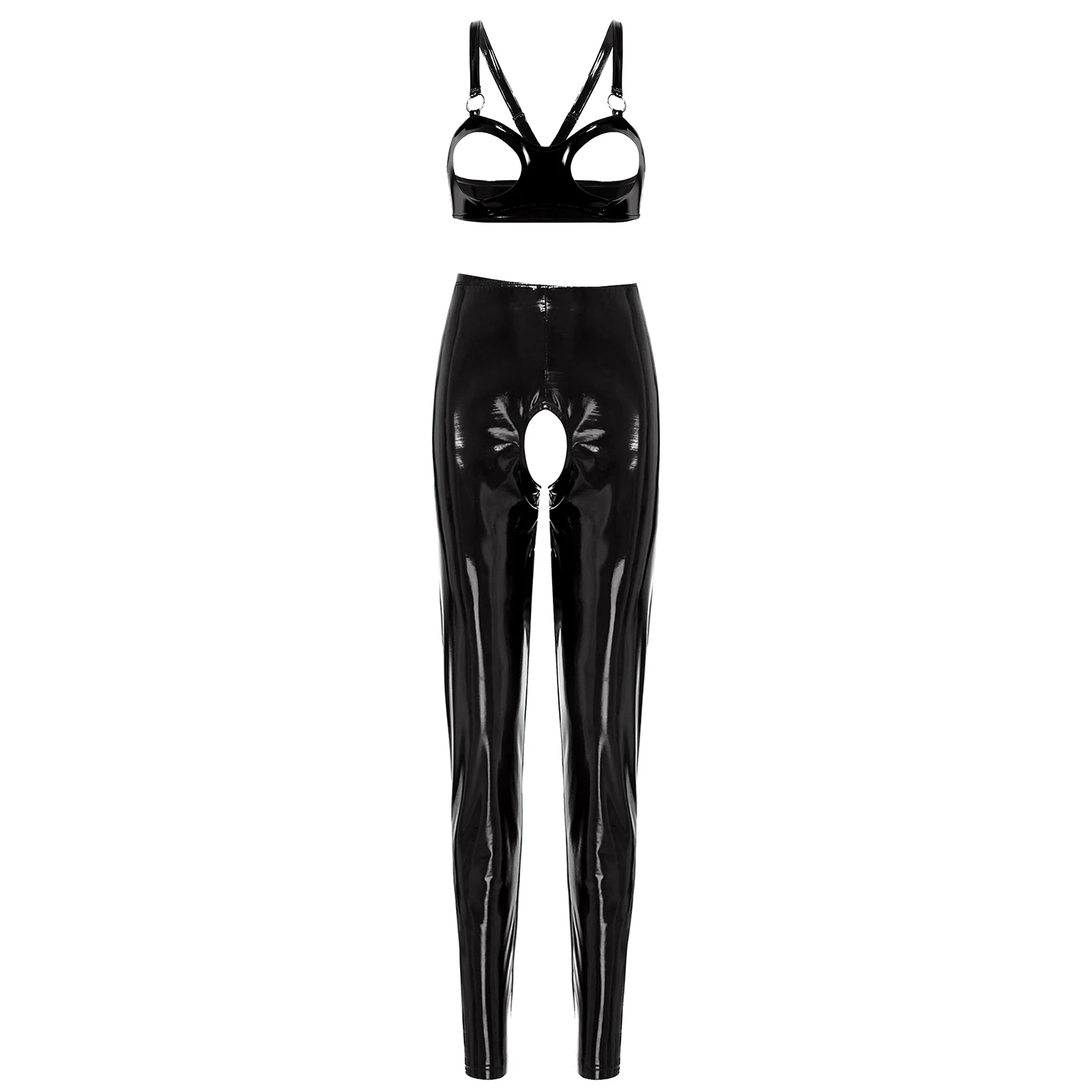 

Womens Wet Look Patent Leather Lingerie Outfit Cutout Open Cup Bra Crop Top with High Waist Open Crotch Leggings Bodycon Pants