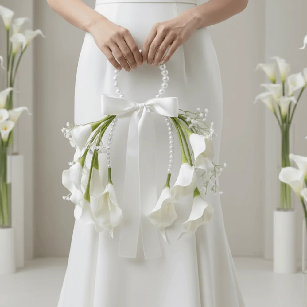 

Pearl Handle Bridal Bouquet Satin Bowknot Creative Shape Wedding Flowers White Blossom Handmade Craft Top Handle Bouquet
