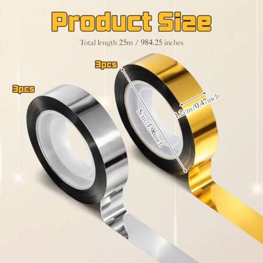 6 Rolls Metallic Mirror Tape, 0.47''Gold Silver Decorative Tapes Self Adhesive Polyester Film Decor Tape DIY Graphic Art Tapes