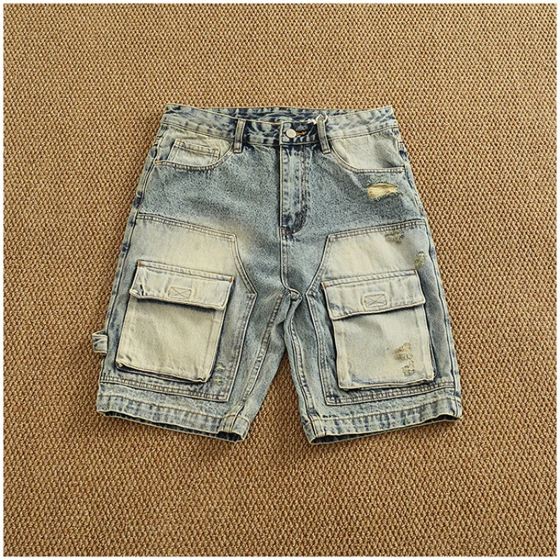 

Лето 2024, новые популярные джинсовые брюки средней длины, модные мужские уличные модные свободные брюки с несколькими карманами для рабочей одежды