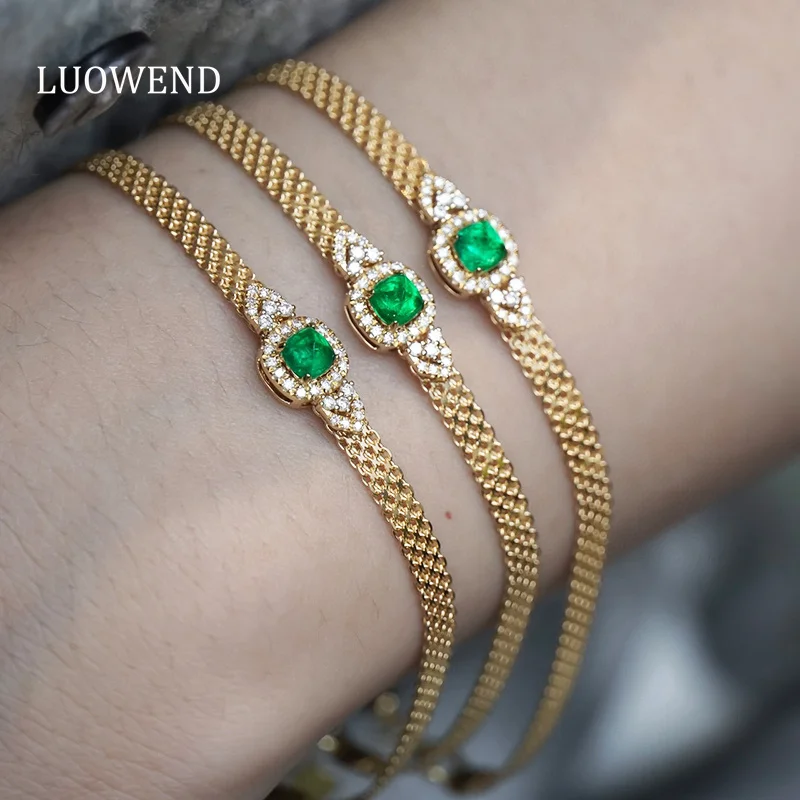 LUOWEND 18K Yellow Gold Bracelet Romantic Style Shiny Diamond Real Natural Panjshir Emerald Bracelet for Women Wedding Jewelry