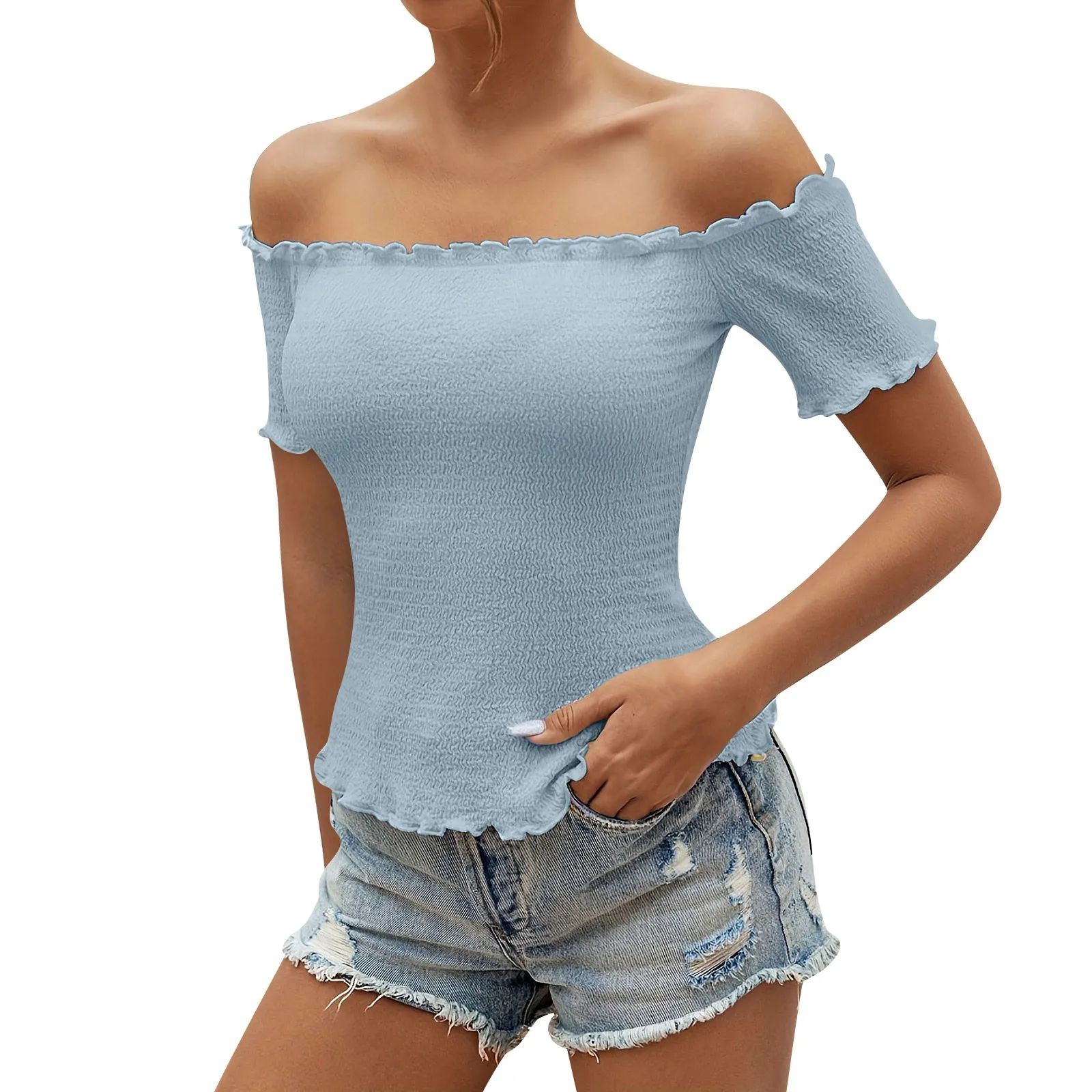 ワンピースの女性用クロップトップ,ボートネック,半袖,スリムフィット,テクスチャ生地,クラシック,シンプル,無地,ファッショナブル