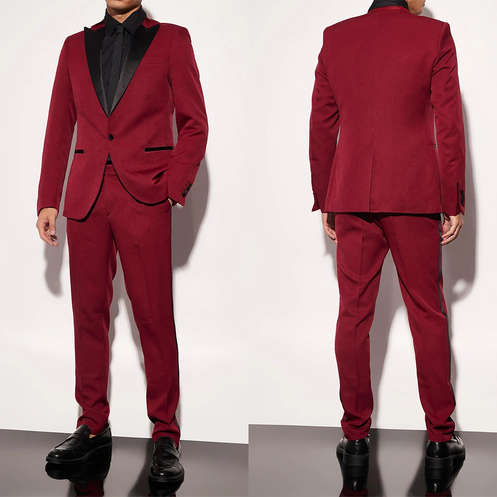 

Burgundy Men Suit Tailor-Made 2 Pieces Blazer Pants Satin One Button Peaked Lapel Fashion Business Wedding Groom Prom Tailored