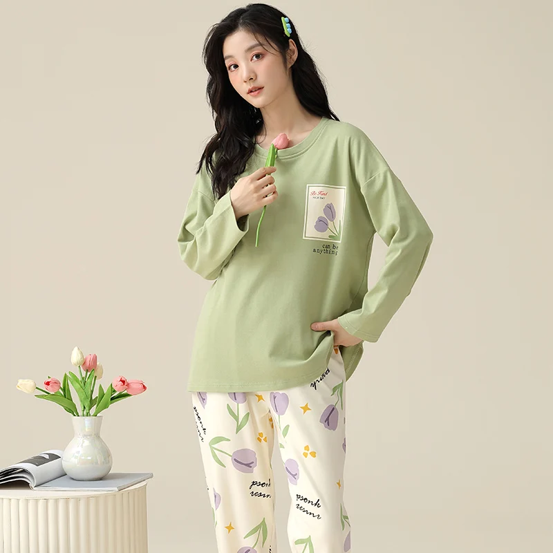 M-XXXL 4XL 5XL Sleep Lounge Pajama Long Sleeve Top + Long Pant Woman Pajama Set Cartoon Print Pyjamas Cotton Sleepwear For Women