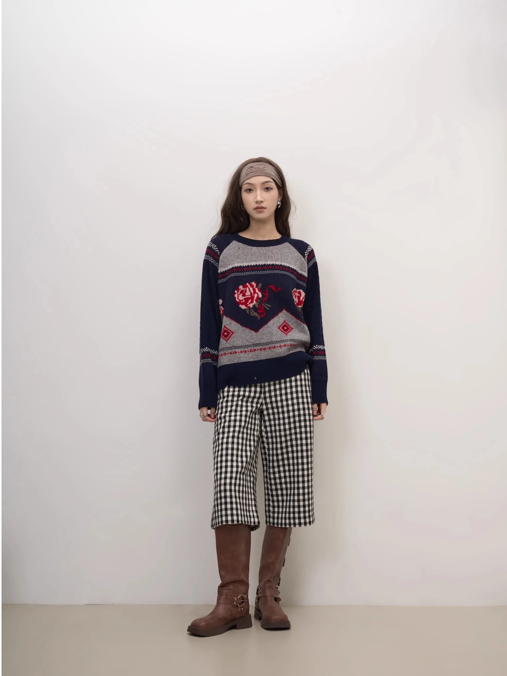 

LANVIVIER Retro Sli Classic Bla And White Plaid Metal Bule High Waist Straight Leg Bootcut Pants for Women