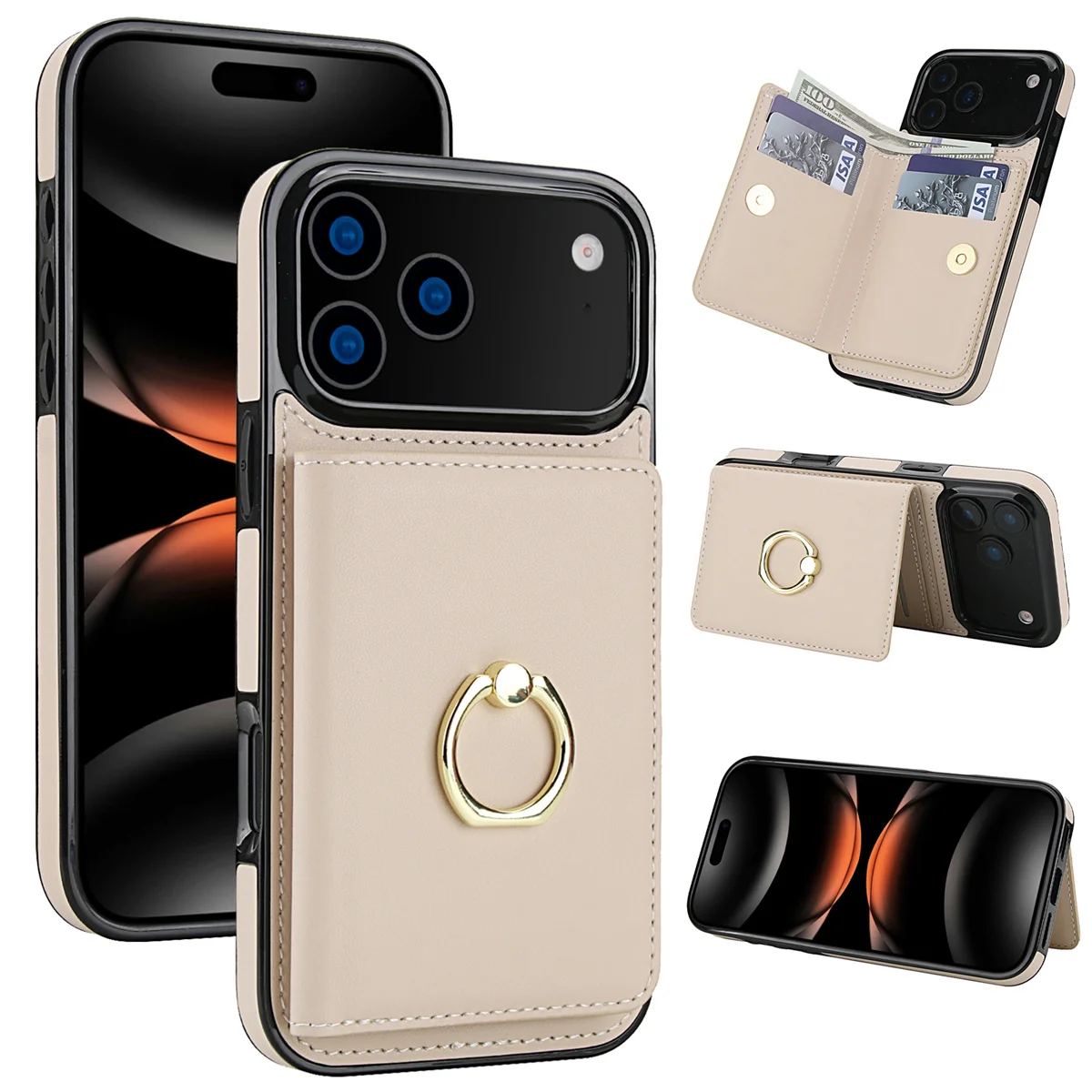 RFID-Karten Solt Ringhalter Brieftasche Leder Handyhülle für IPhone 17 Air 16 15 Pro Max 14 Plus 13 12 11 XR XS 7 8 Standabdeckung