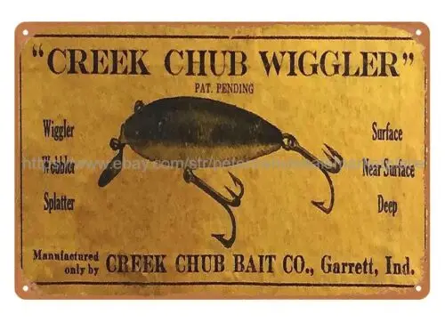 bedding ideas dorm room Creek Chub Wiggler fishing lure bait metal tin sign