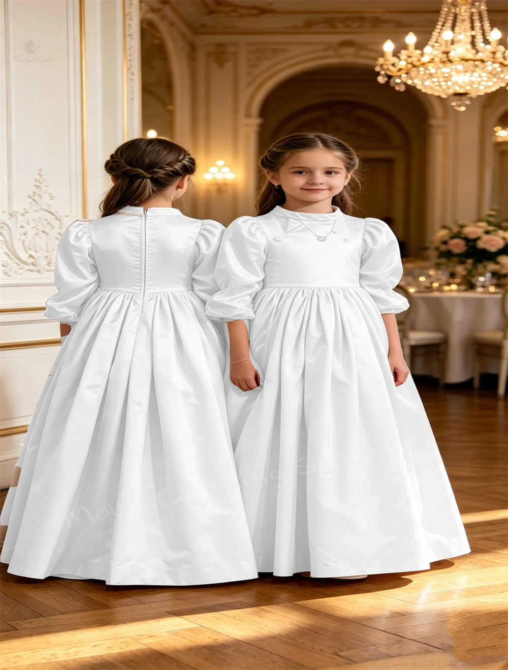Customized White Satin Flower Girl Dress with 3/4 Sleeves A-Line Long Style for Wedding First Communion Kids Party Gown