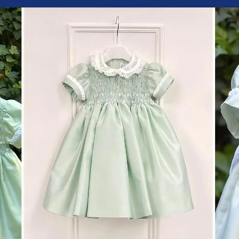 0-12Y Baby Girl Summer Handmade Embroidery Smocked Pink Yellow Green Dress for Birthday Photography Holiday Eid A257
