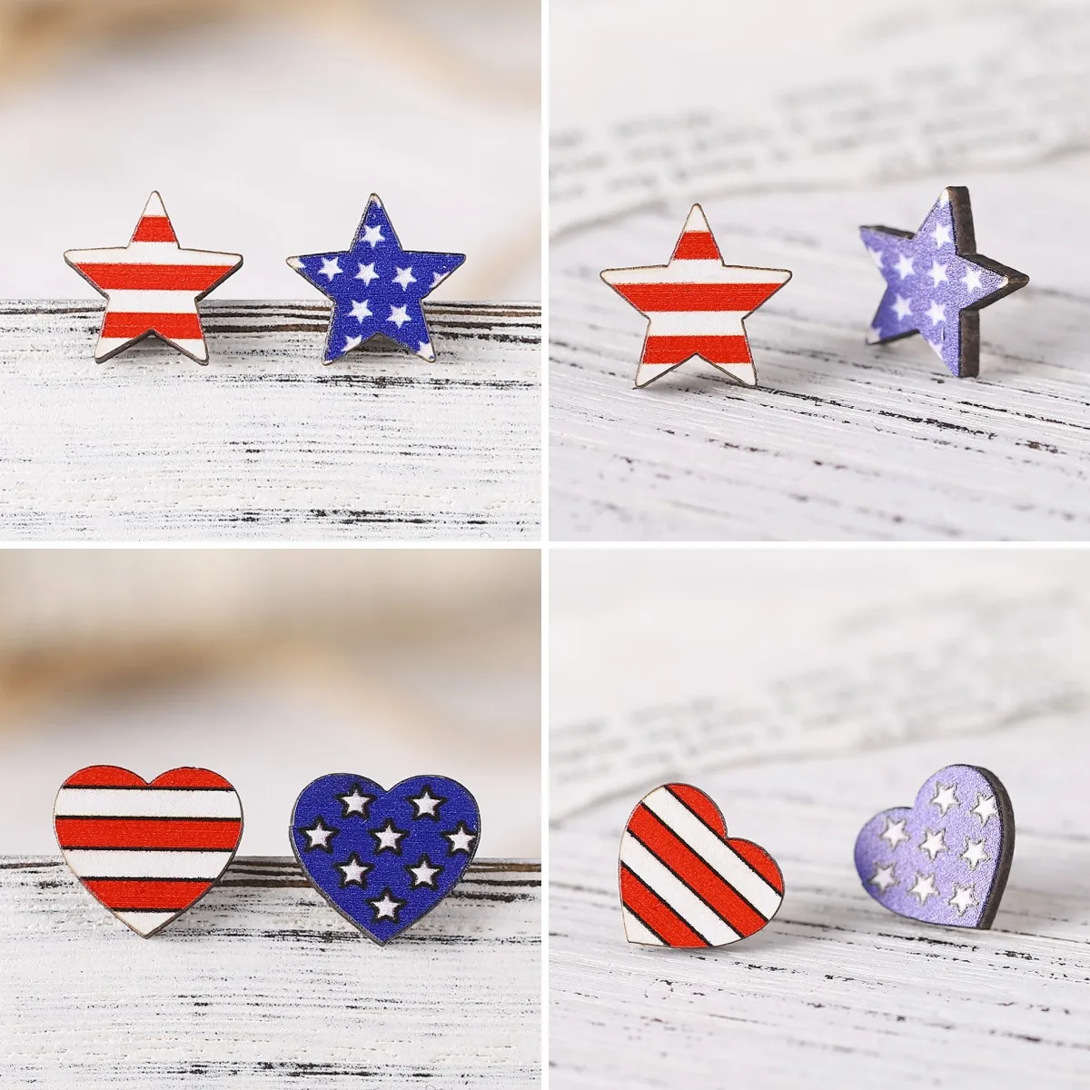 Hot US Flag Color Matching Heart Shaped Five Point Star Red and White Striped Wood Earrings Independence Day Stud Earring Gift