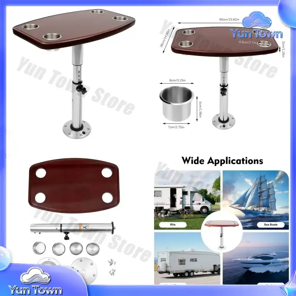 RV Dining Table Set for Ocean Travel with Oak Tabletop 4 Cup Holders Removable Adjustable Legs Height 22–28 Inch Foldable
