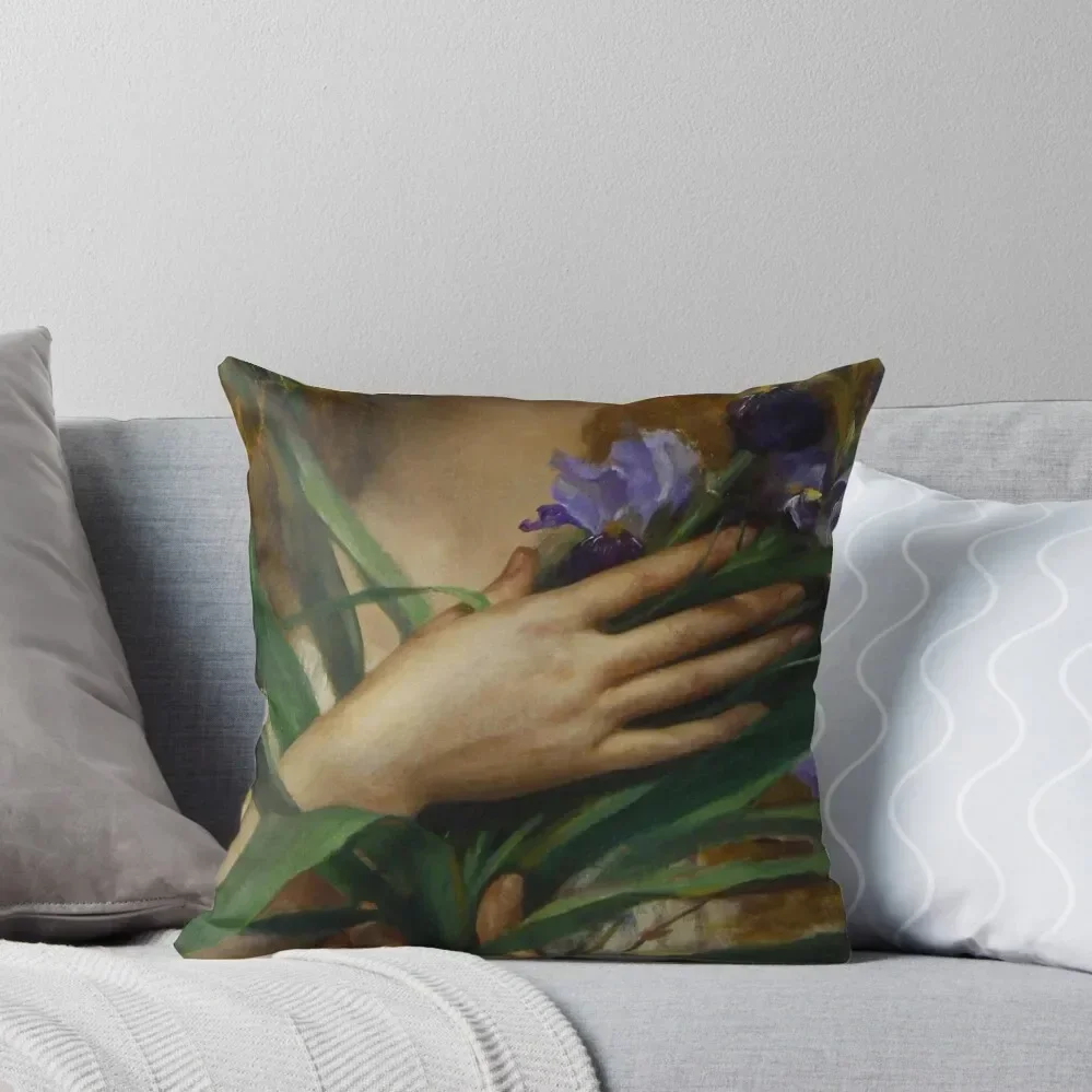 Woman Holding Iris flowers, French Pre-Raphaelite painting Throw Pillow Decorative pillowcase Cushion Child pillow