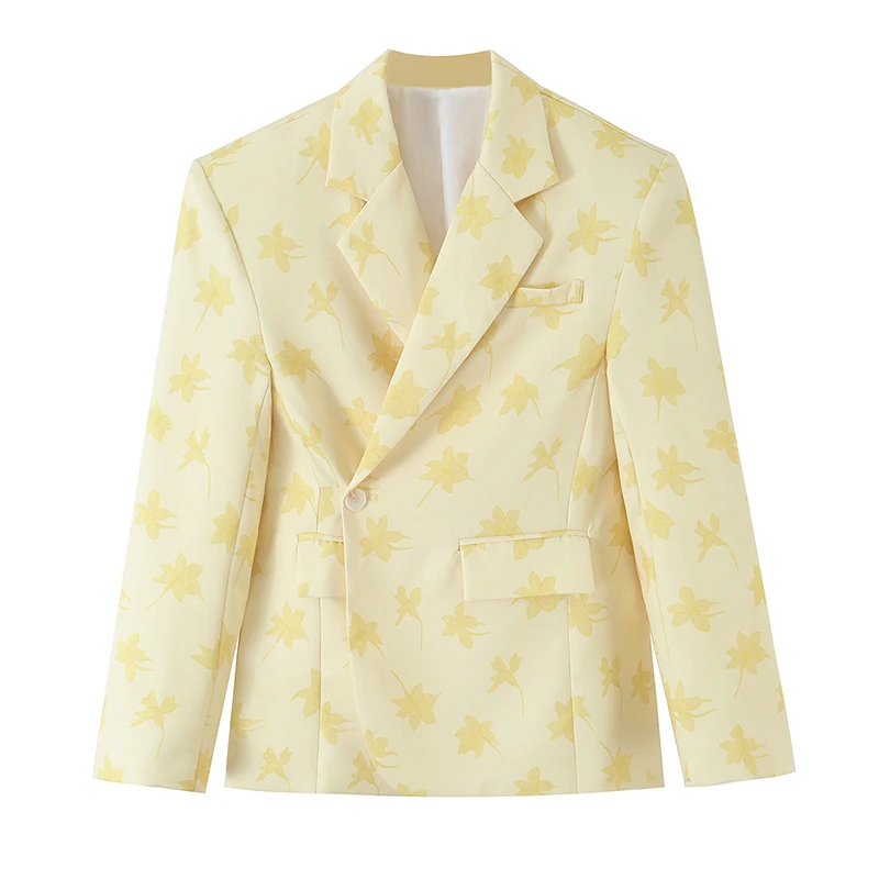 YENKYE Women Yellow Floral Print Blazer Single Button Notched Lapel Long Sleeve Loose Casual Suit Jacket Office Lady Outerwear