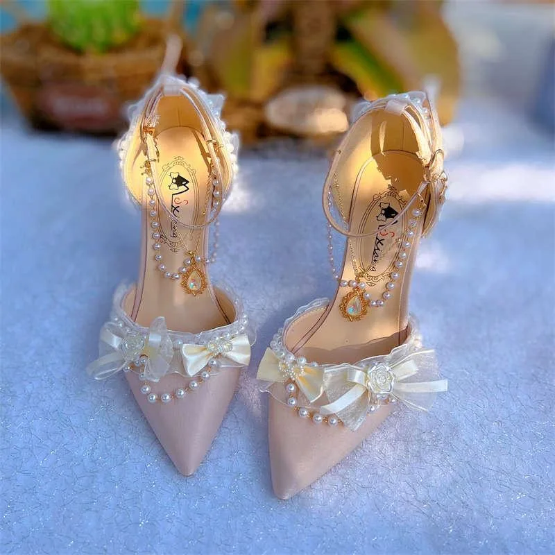 

pink white Elegant woman heeled shoes Lolita accessories bow pearl luxury designer high quality shoes bridal wedding high heels