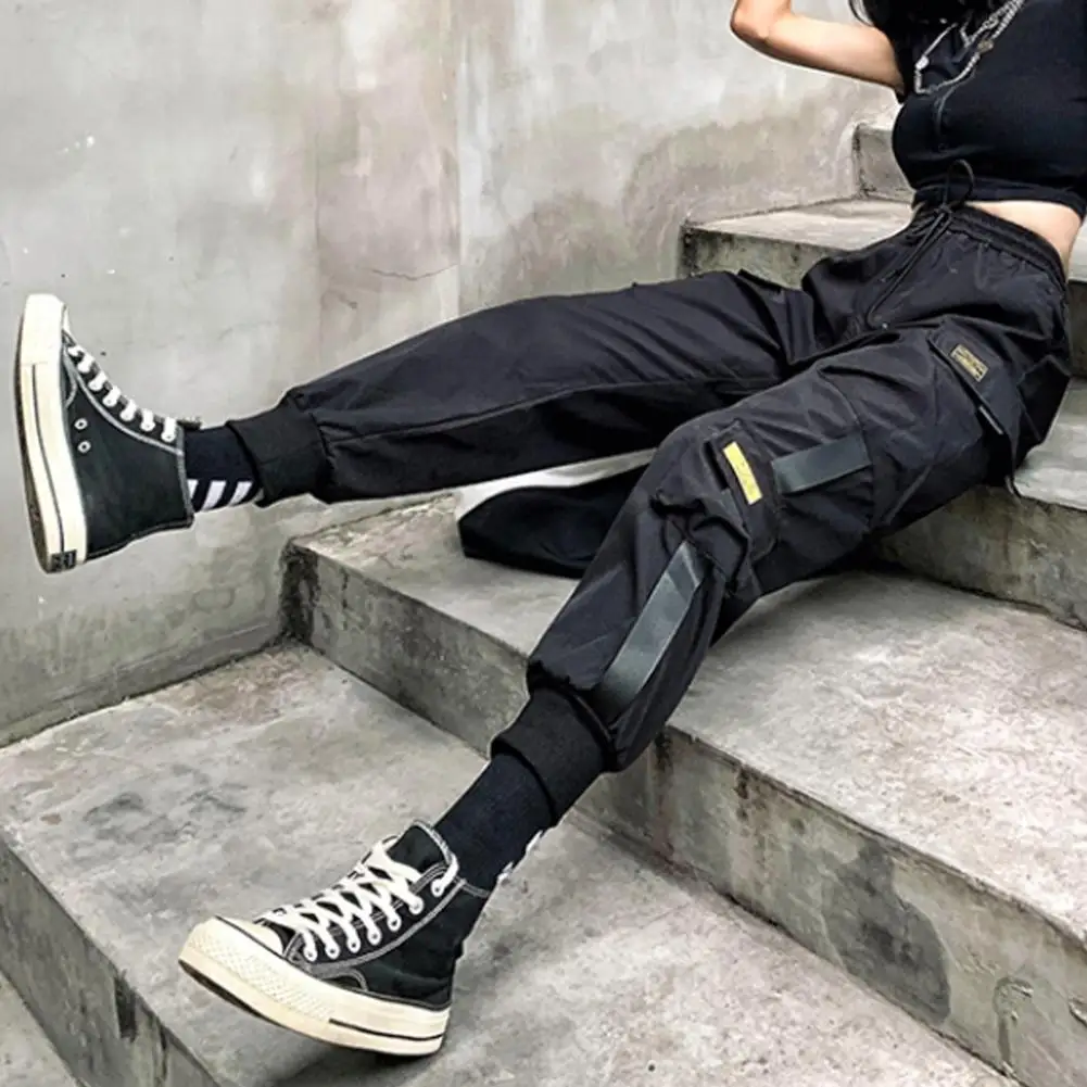 Pantalon cargo pour femmes, jogging à poches avec ruban noir, streetwear hip-hop unisexe, harajuku, punk, fjHarem