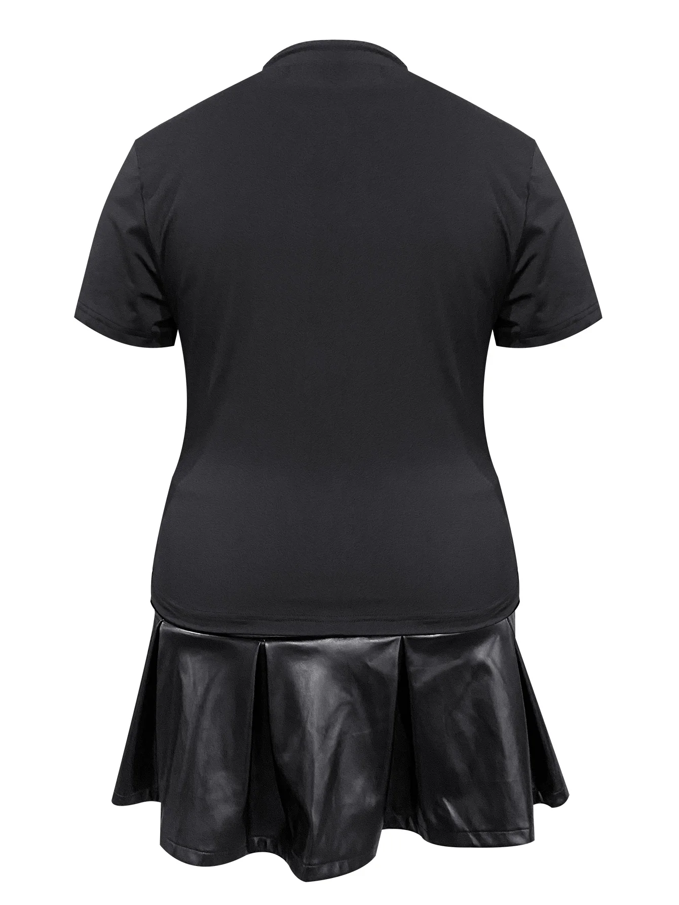 XL-5XL LW Zipper Design Faux Leather Pleated Skirt Set Women Sexy Sleeve Short T-shirt + Faux Leather Skirt Set Matching