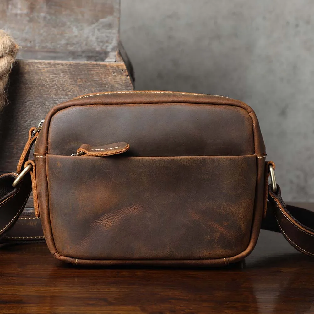 S.WORKER Vintage-Umhängetasche aus Vollnarbenleder, Herren-Schultertasche, Mini-Handy- und Schlüsseltasche – Detail 7