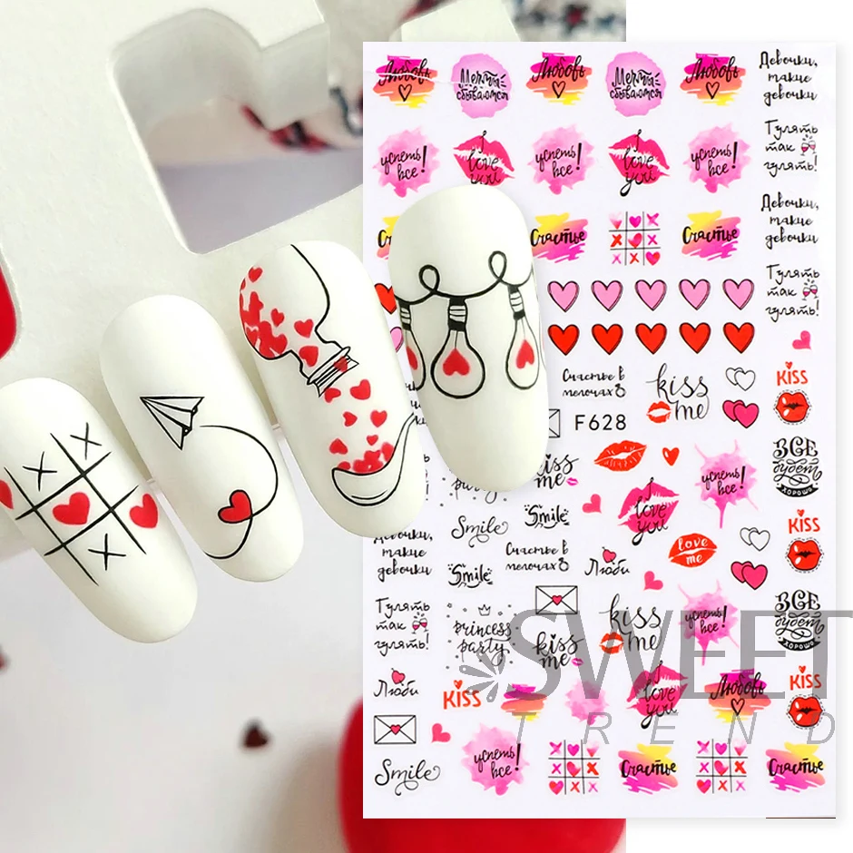 3D Valentines Lover Stickers For Manicure Cute Cartoon Romantic Letter Black Simple Line Girl Heart DIY Decoration Decals LYF106