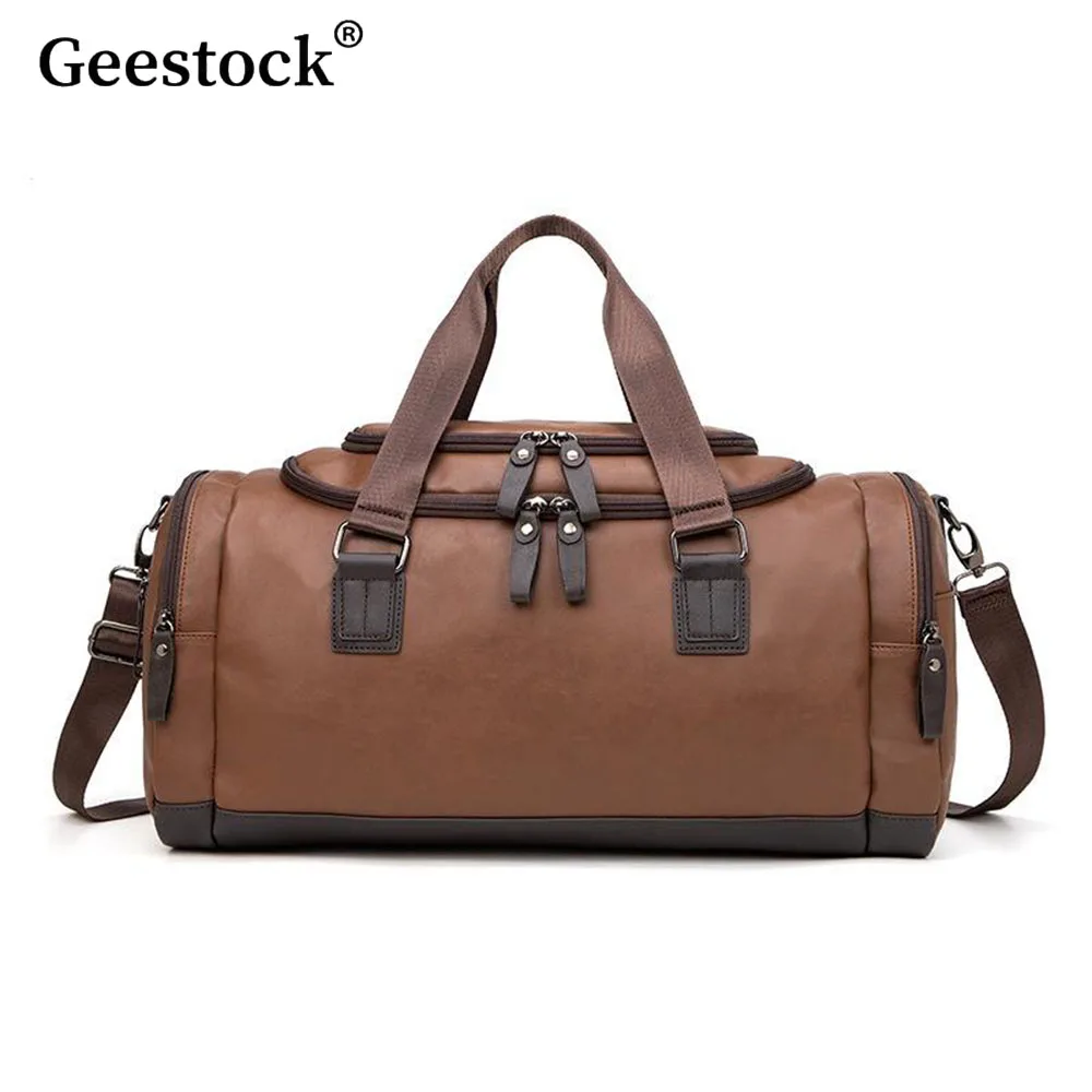 

Geestock Large Capacity Men's PU Leather Travel Duffel Bag Gym Sports Luggage Tote Handbag for Male Fitness Trip Carry ON