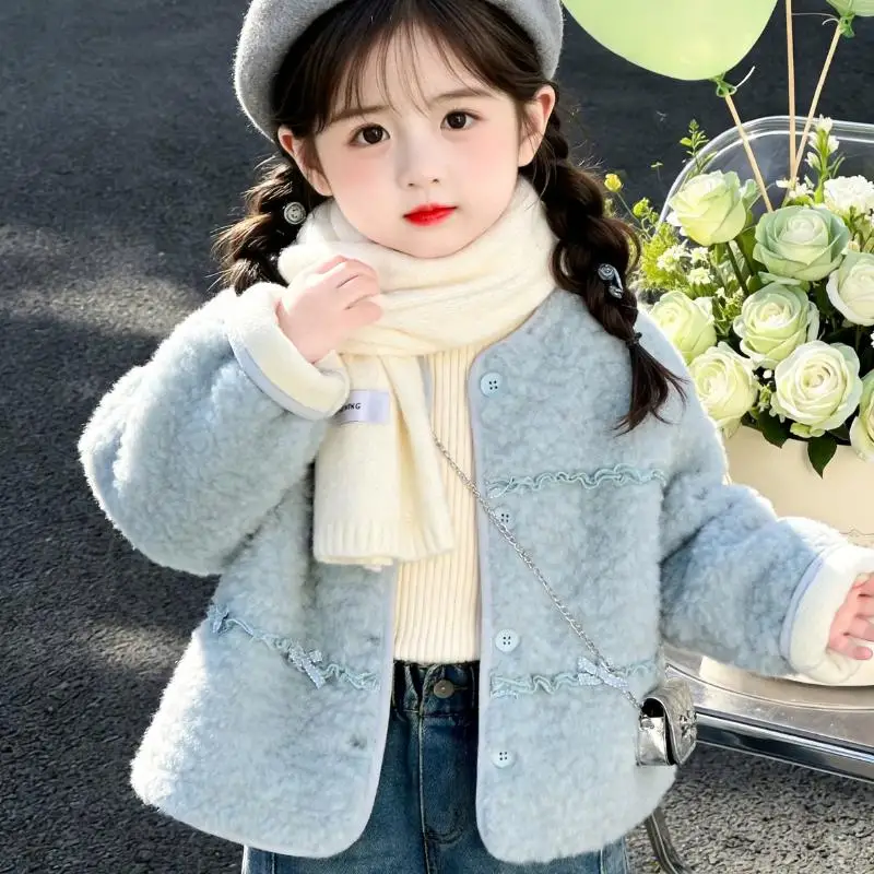 Girls' Warm Little Fragrant Style Coat for Students Autumn and Winter New Item Thick Lamb Wool Coat Girls' Fashionable Soft Tops