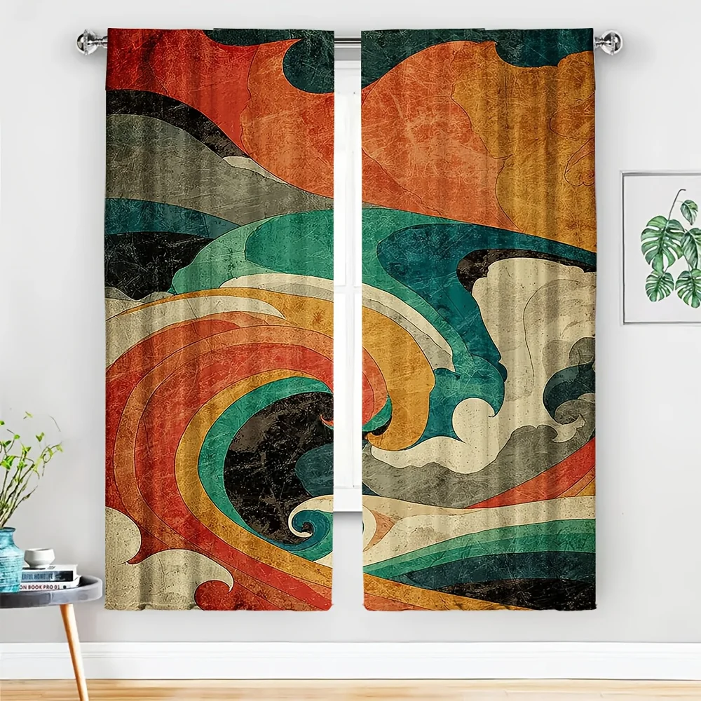 2pcs Retro Abstract Wave Curtain No Rod  Vintage Texture, Swirling Terracotta, Teal  Olive Green, Bold Art for Modern Home Decor