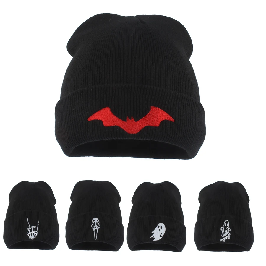 

Unisex Winter Knitted Beanie Hat Men Women Streetwear Y2K Hip Hop Cap Bat Ghost Embroidery Casual Skullies Beanies Warm Bonnet