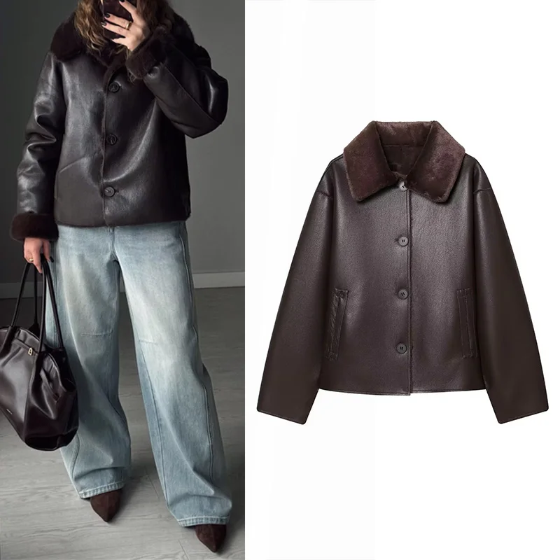 Women's Faux Leather Jacket 2026 New Fashion Autumn Winter Reversible Long Sleeve Thicken Jacket Personality Warm Ladies Coat