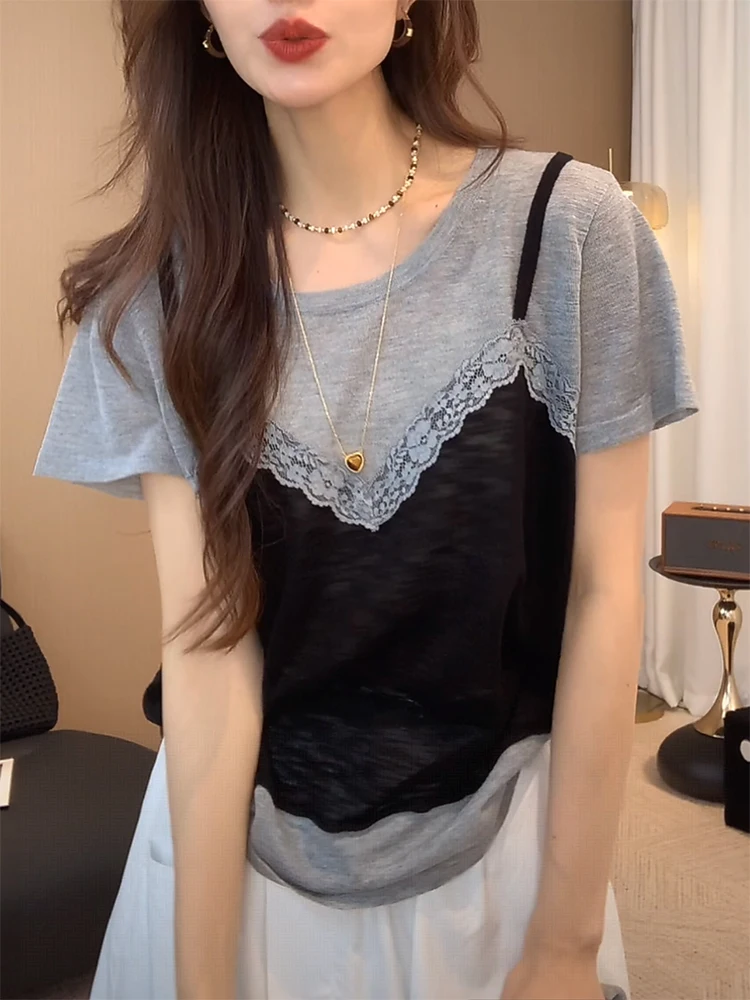 

Летняя футболка Design Sensation ort Sve Women's Faionable Personali ature Match All over the Year Korean Sle