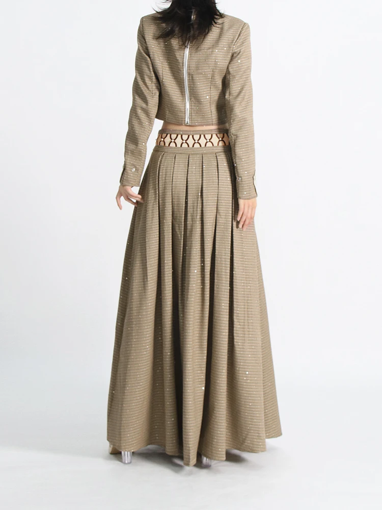 TWOTWINSTYLE Elegant Two Piece Set For Women Stand Collar Long Sleeve Spliced Bowknot Top High Waist Skirt Slimming Sets Female