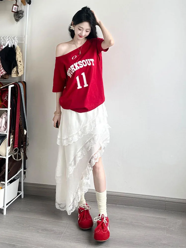 Spicy Girl Nieregularna Spódnica Midi z Koronkowym Wykończeniem, Damska Letnia, Luźna, z Elastyczną Gumką w Pasie, Asymetryczna, Retro, Krój A-Line