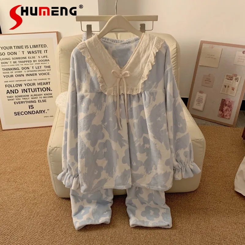 

Pink Flower Women's Pajamas Set New Winter Sweet Thickened Warm Loungewear Suits Female Japanese Fleece Home Wear Outfits