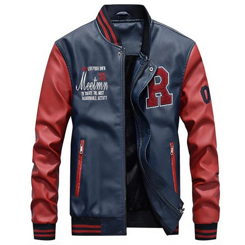 

Pu Leather Coats Slim Fit College Luxury Fleece Pilot Leather Jackets autumn winter Jacket Men Embroidery Baseball Jackets